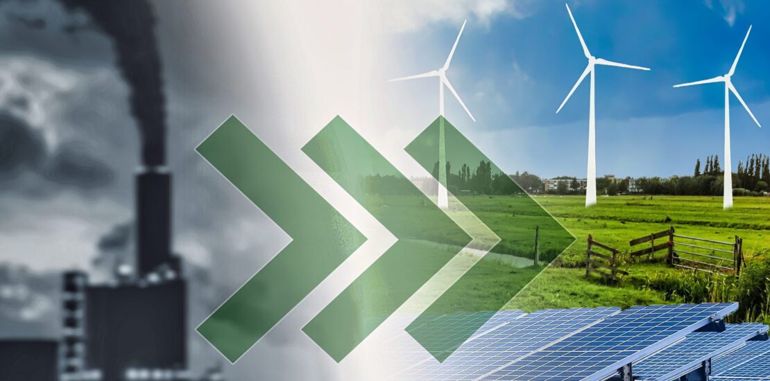 منشأة صناعية متطورة تدمج حلول الطاقة النظيفة والتكنولوجيا الحديثة مع ألواح شمسية وتوربينات رياح لدعم الاستدامة.