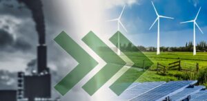 منشأة صناعية متطورة تدمج حلول الطاقة النظيفة والتكنولوجيا الحديثة مع ألواح شمسية وتوربينات رياح لدعم الاستدامة.